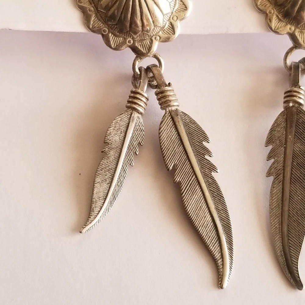 Vintage earrings Sterling Silver shield post Feather dangles 925 old pawn